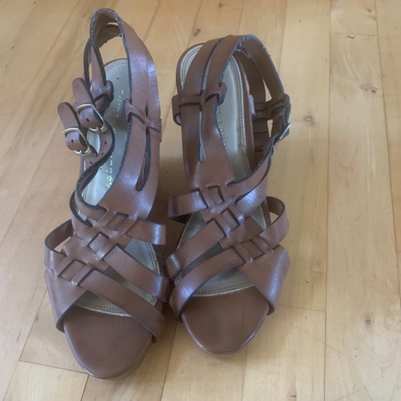 Strappy Leather Sandals with Wedge Cork Heel Brown Size 8 - Picture 4 of 5